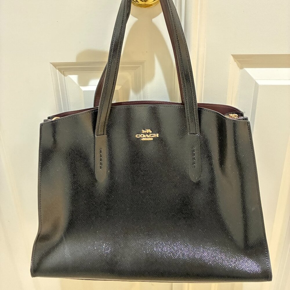 COACH Charlie Handle Purse- Black Patent Leather - 31737